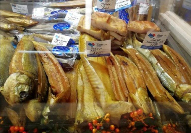 Some of the variety of locally produced smoked fish available in the market in Yakutsk